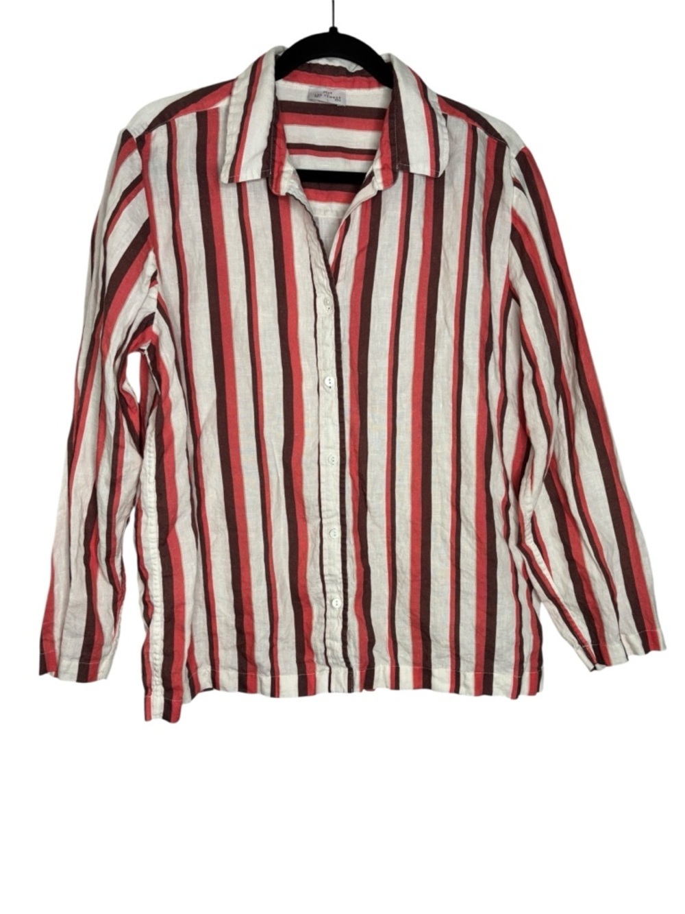 Pour Les Femmes 100% Linen Striped Button Front Long Sleeve Blouse Size Large